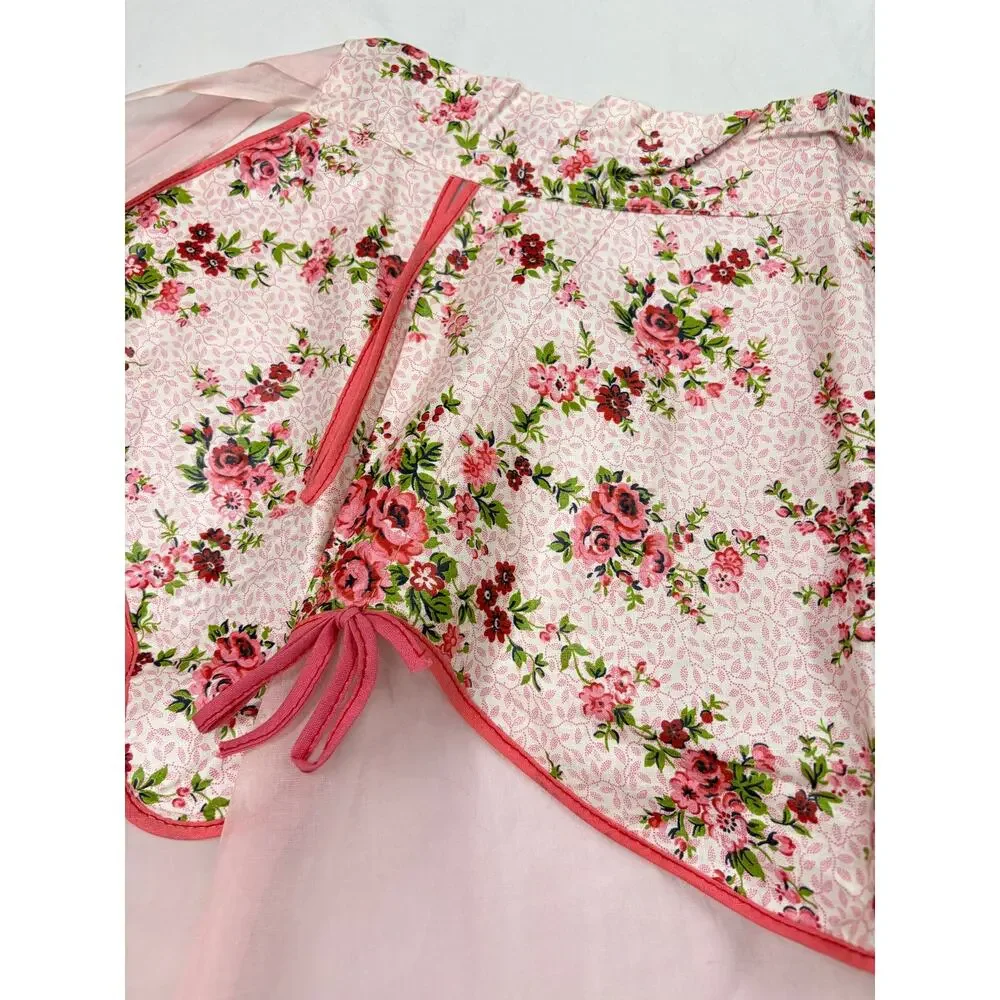 VTG 1950s pink floral waist apron with sheer bottom, pockets Up to 30 inch waist